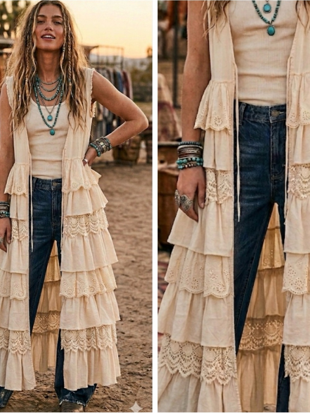 Boho Tiered Lace Vest Duster — Cream